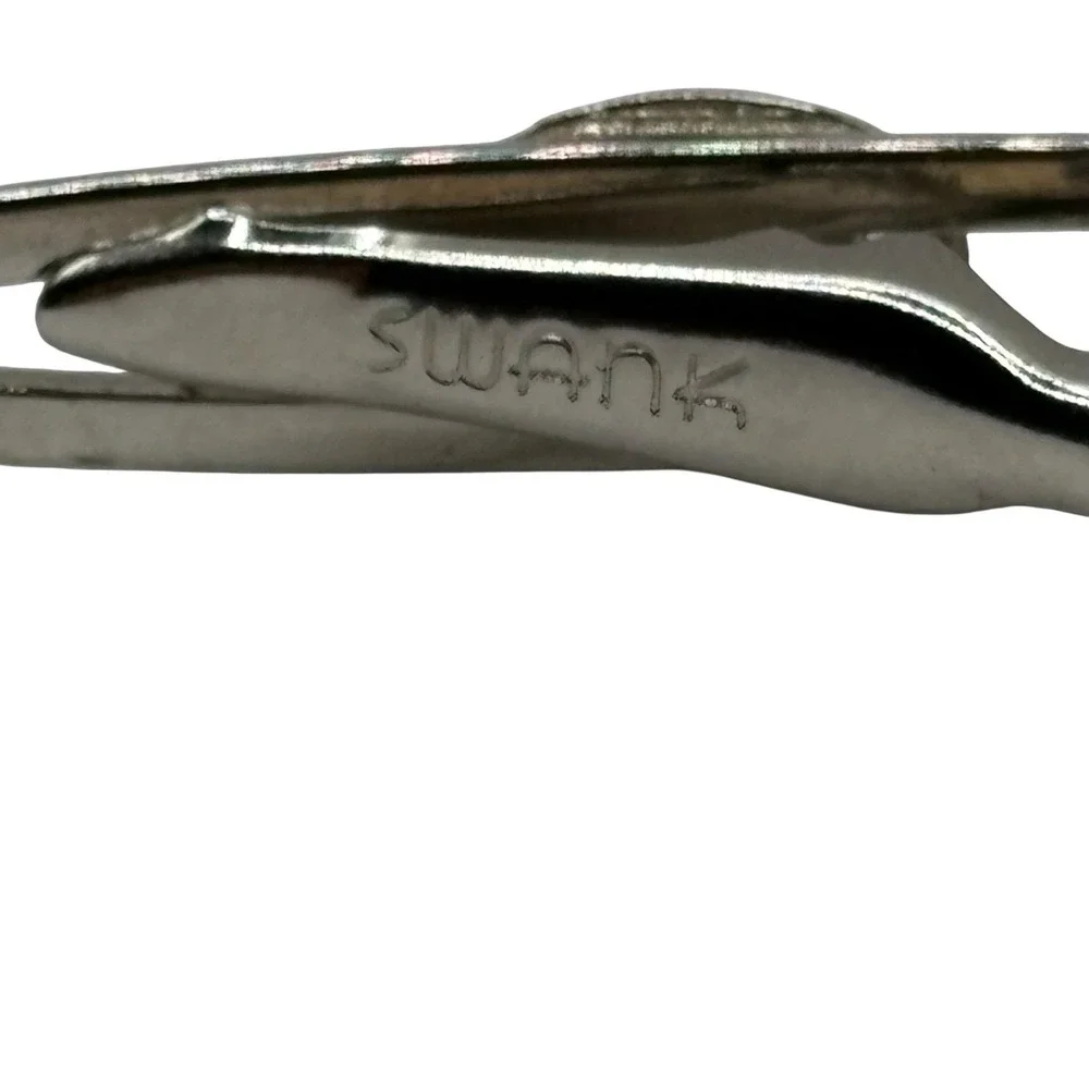 Swank Tie‎ Clip Bar Green Rhinestone Silver Tone Vintage Open Work Design Retro